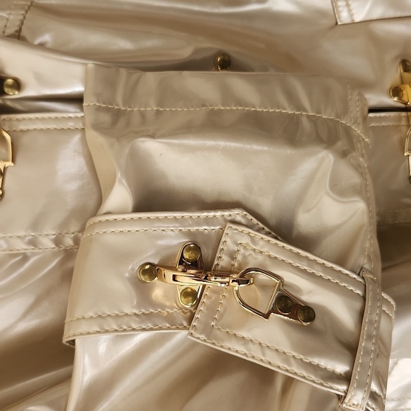 Vintage Y2K Fireman Clasp Vinyl Jacket Gold Trench Coat Hot in Hollywood‎ Size S - Picture 6 of 9